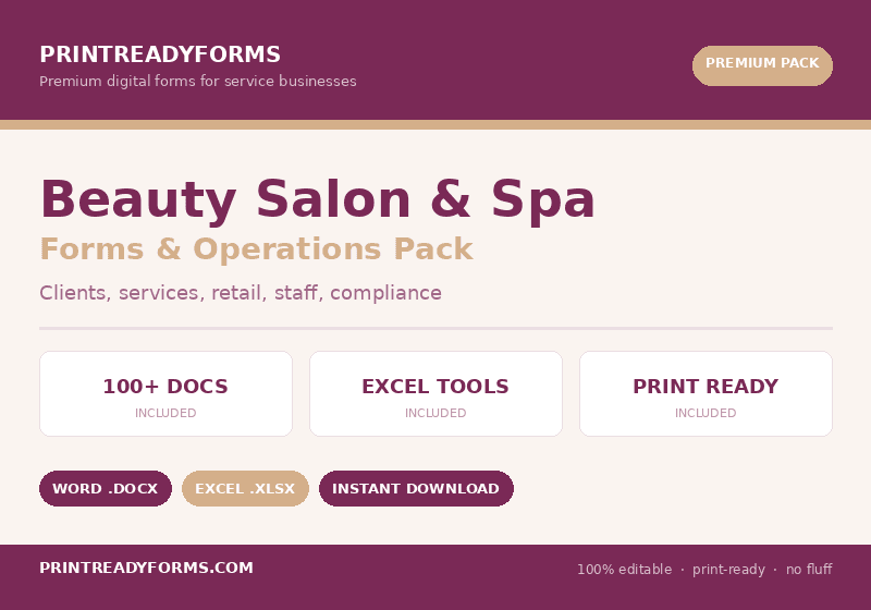 Beauty Salon & Spa Forms Pack — Consent, Intake & Operations Templates — printable template preview