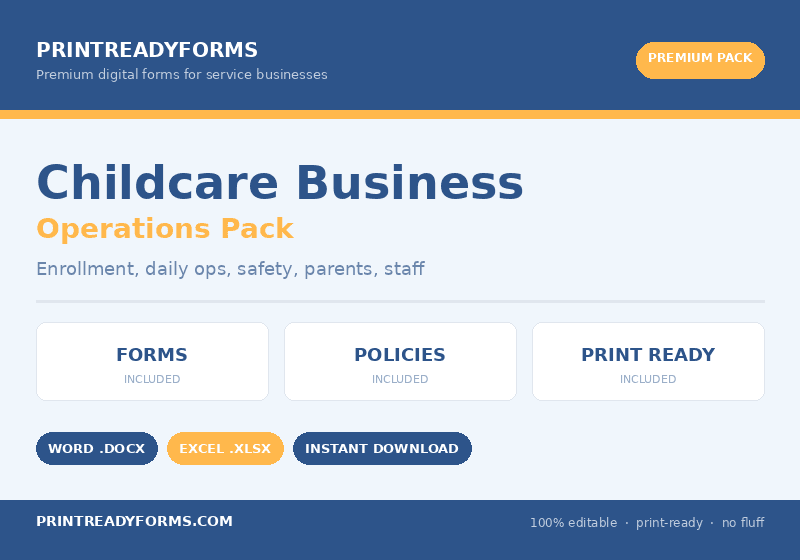 Childcare Business Forms Pack — Daycare Enrollment & Operations Templates — printable template preview