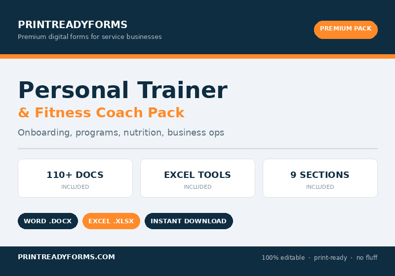 Personal Trainer Forms Pack — Fitness Coach Templates & Waivers — printable template preview