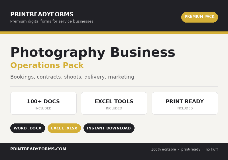 Photography Business Forms Pack — Contracts, Booking & Client Templates — printable template preview