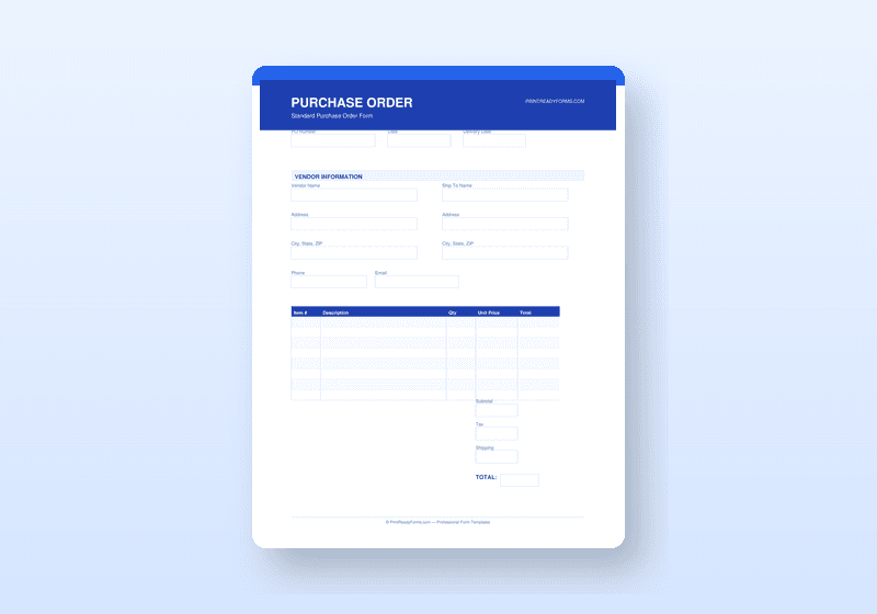 Purchase Order Template — PDF PO Form with Tracking Log — printable template preview