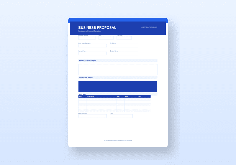 Business Proposal Template — PDF with Quote & Cost Estimator — printable template preview