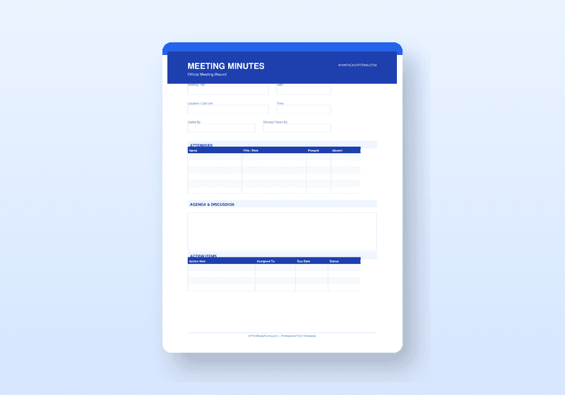 Meeting Minutes Template — PDF Agenda, Minutes & Action Tracker — printable template preview