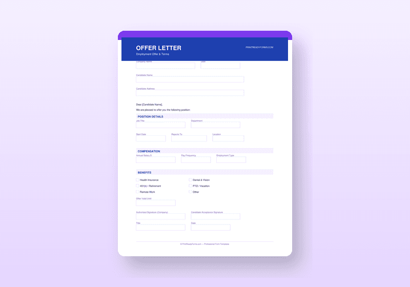 Employee Offer Letter Template — Professional Hiring Forms PDF — printable template preview