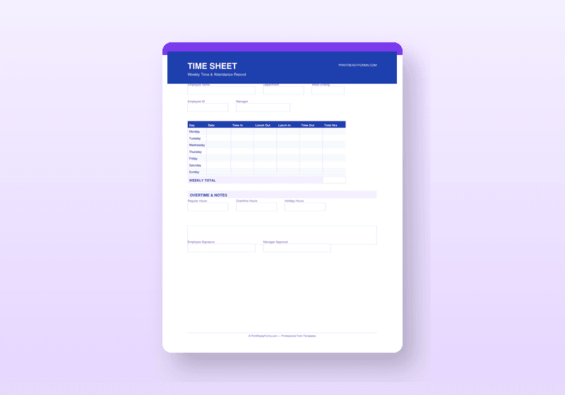 Employee Timesheet Template — Weekly Time Tracking PDF with Overtime — printable template preview