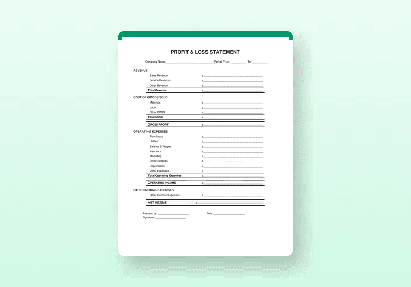 Profit and Loss Statement Template — Small Business P&L PDF — printable template preview