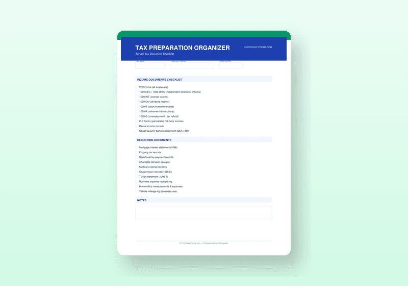 Tax Preparation Organizer — Self-Employed & Small Business Tax Checklist — printable template preview