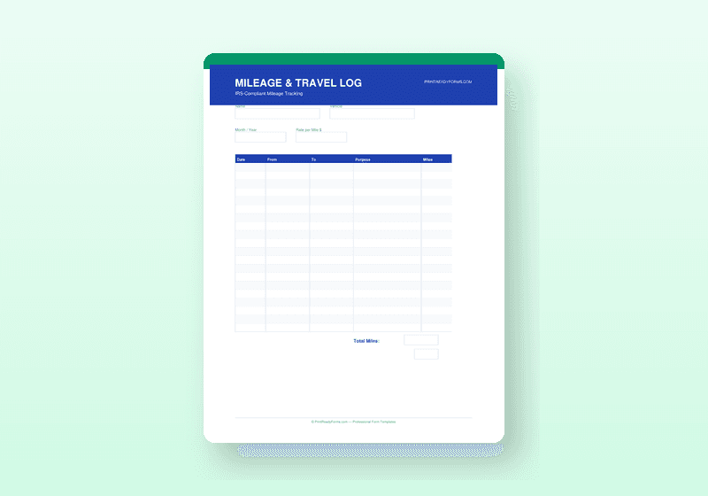 IRS Mileage Log Template — Business Mileage Tracker PDF — printable template preview